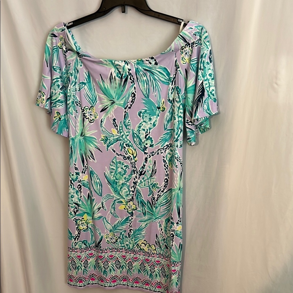 Lilly Pulitzer Fawcett Off the Shoulder Tropical Dress Lilac Verbena Size Large